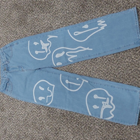 Shein EZwear Womens High Waisted Wide Boyfriend Jeans Smiley Face Small 4 - Picture 4 of 9